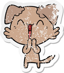 distressed sticker of a laughing little dog cartoon