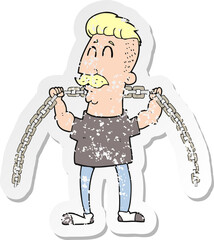 retro distressed sticker of a cartoon man lifting chain
