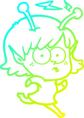 cold gradient line drawing of a cartoon alien girl