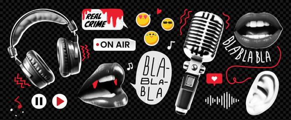 A grunge set of collage elements on the theme of a true-crime podcast. Speech bubble, ear and lips. Trendy illustration with likes on transparent background as png - obrazy, fototapety, plakaty