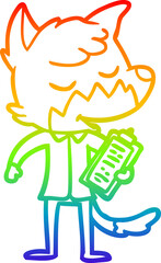 rainbow gradient line drawing of a friendly cartoon fox manager