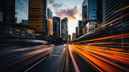 High speed urban traffic on a city street during evening rush hour, car headlights and busy night transport captured by motion blur lighting effect and abstract long exposure photography - obrazy, fototapety, plakaty
