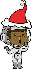 laughing hand drawn line drawing of a astronaut wearing santa hat