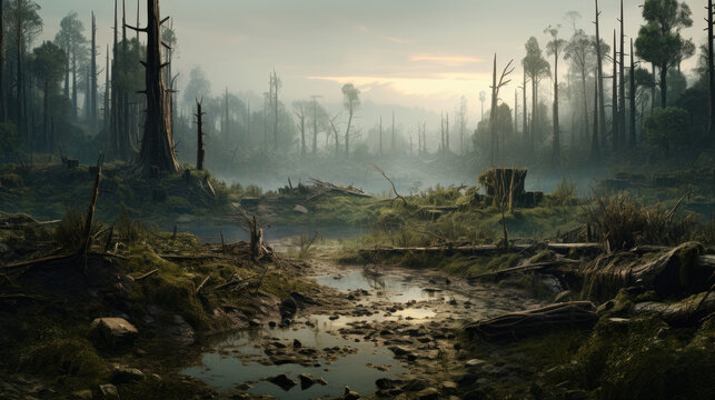 wasteland forest pollution garbage plastic ecology - by generative ai