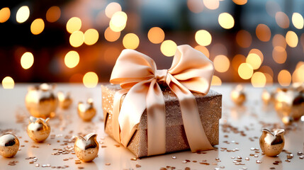 Fototapeta na wymiar gift box with rose golden bow on background with bokeh. Greeting card. Christmas background.