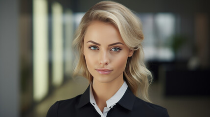 A beautiful, determined, strong and focused businesswoman with blonde hair and bright eyes. She stands elegantly dressed in front of the office.