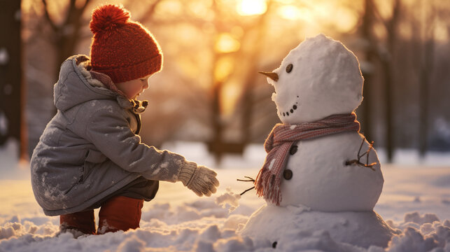Chil making a snowman outdoors in winter. Winter activities concept. 