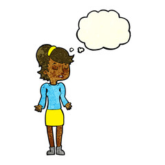cartoon woman shrugging shoulders with thought bubble
