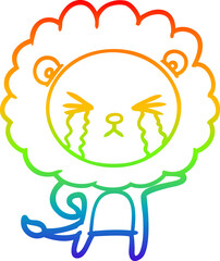 rainbow gradient line drawing of a cartoon crying lion