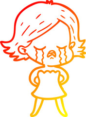 warm gradient line drawing of a cartoon girl crying