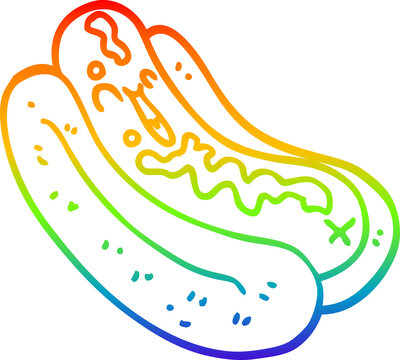 recommend clip art: rainbow gradient line drawing of a cartoon hotdog in bun with ketchup