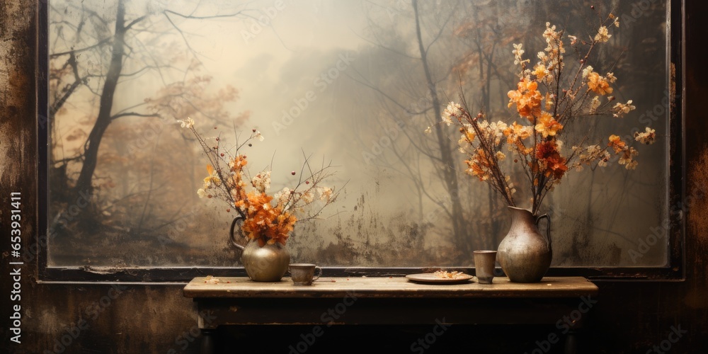 Poster two vases with flowers sit on a table in front of a window. ai.