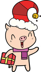 happy cartoon pig with xmas present