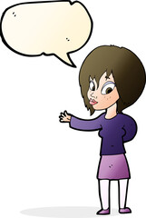 cartoon woman making welcome gesture with speech bubble