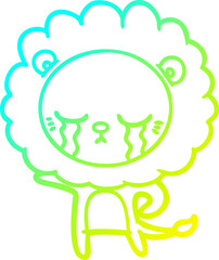 cold gradient line drawing of a crying cartoon lion