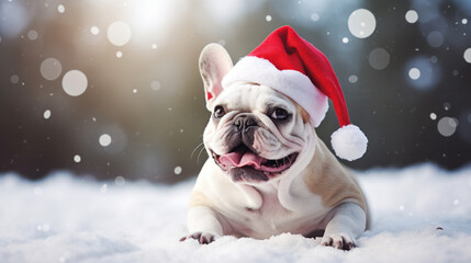 Funny French bulldog with Santa's hat sitting outdoors in snowy weather. New year concept and pets. 