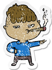 distressed sticker of a cartoon man smoking