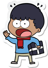 sticker of a cartoon shocked man with gift