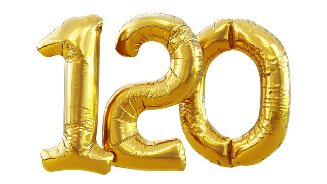 3D render of balloon number one hundred twenty isolated on white background. Party decoration golden balloons. Anniversary