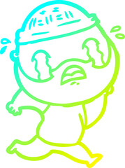 cold gradient line drawing of a cartoon bearded man crying