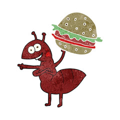 freehand retro cartoon ant carrying food