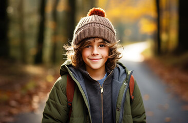 Fototapeta na wymiar Portrait of smiling 10 years old boy in jacket and hat against backdrop of an autumn forest. Concept: autumn holidays, walks in nature, healthy lifestyle. Generative AI.