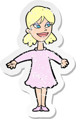 retro distressed sticker of a cartoon woman with open arms