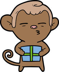 cartoon suspicious monkey with present