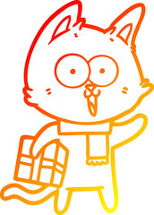 warm gradient line drawing of a funny cartoon cat
