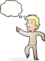 cartoon happy man pointing with thought bubble