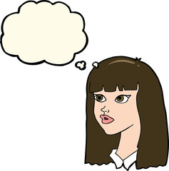 cartoon pretty girl with long hair with thought bubble