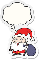 cartoon santa claus with sack with thought bubble as a printed sticker
