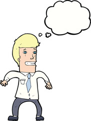cartoon nervous businessman with thought bubble