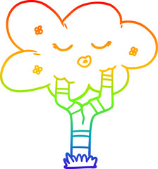 rainbow gradient line drawing of a cartoon tree with face