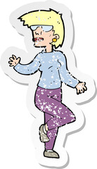 retro distressed sticker of a cartoon woman waving