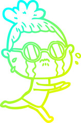 cold gradient line drawing of a cartoon crying woman wearing spectacles
