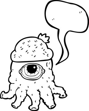 freehand drawn speech bubble cartoon alien wearing  hat