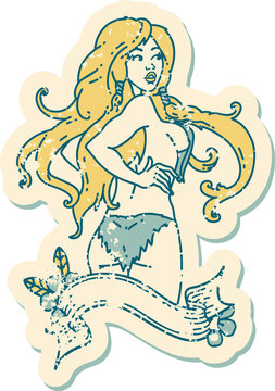 distressed sticker tattoo in traditional style of a pinup viking girl with banner
