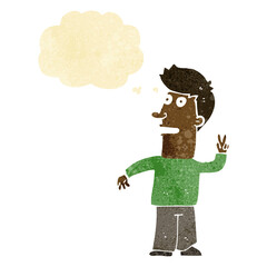 cartoon man making peace sign with thought bubble