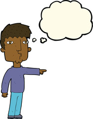 cartoon pointing man with thought bubble