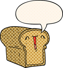 cute cartoon loaf of bread with speech bubble in comic book style