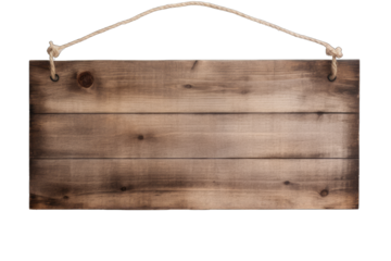 Wooden board hanging on ropes isolated on transparent and white background. Png transparent