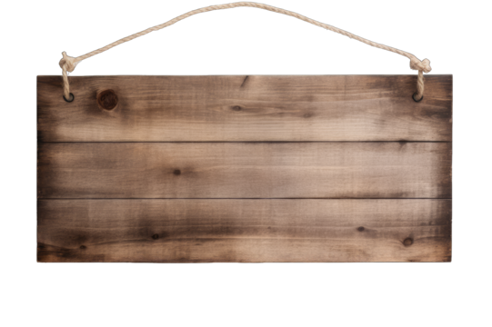 Wooden board hanging on ropes isolated on transparent and white background. Png transparent