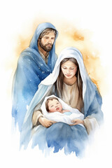 A serene watercolor nativity scene with Mary, Joseph, and baby Jesus, Christmas cards, watercolor style, white background, with copy space