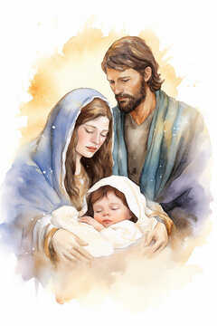 A serene watercolor nativity scene with Mary, Joseph, and baby Jesus, Christmas cards, watercolor style, white background, with copy space