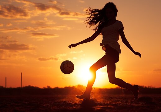 Silhouette of Woman playing soccer at sunset. Ai Generated