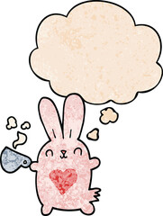 cute cartoon rabbit with love heart and coffee cup with thought bubble in grunge texture style