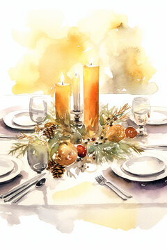 A watercolor depiction of a warm and inviting holiday dinner table with all the trimmings, Christmas cards, watercolor style, white background, with copy space