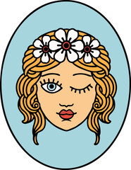 tattoo in traditional style of a maiden with crown of flowers winking