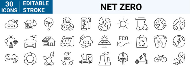 set of 30 line web icons . Net Zero. Green energy, CO2 neutral, gas emissions, climate, ecology. Editable stroke.